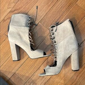 Beige Lace-Up Heeled Ankle Boots